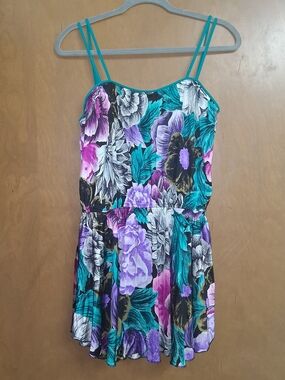 1970s DeWeese Swimsuit Dress Teal Purple Pink Floral One Piece Sundress Size 12